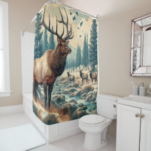 Vintage Wildlife / Elk Herd Watercolor Shower Curtain