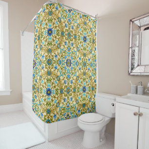Vintage William Morris Blue Daisy Floral Pattern Shower Curtain
