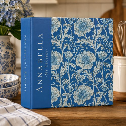 Vintage William Morris Blue Floral Monogram Recipe 3 Ring Binder