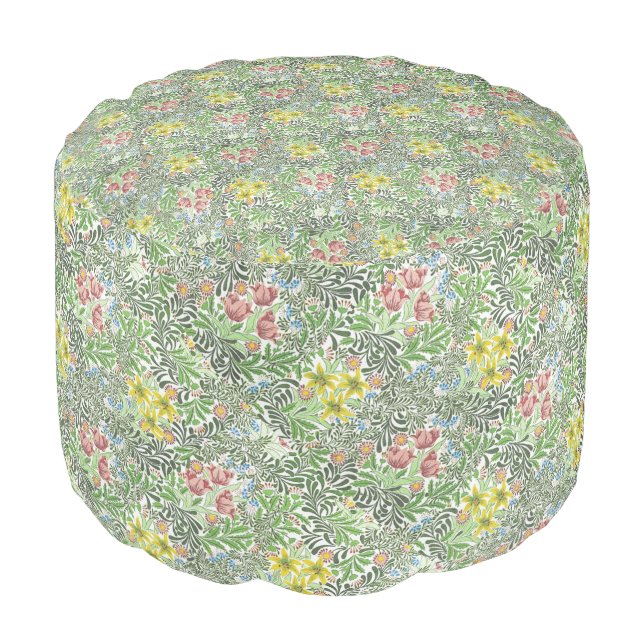 Vintage William Morris Bower Flowers Greenery Pouf (Angled Front)