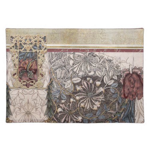 Vintage William Morris Burgundy Collage Monogram Cloth Placemat