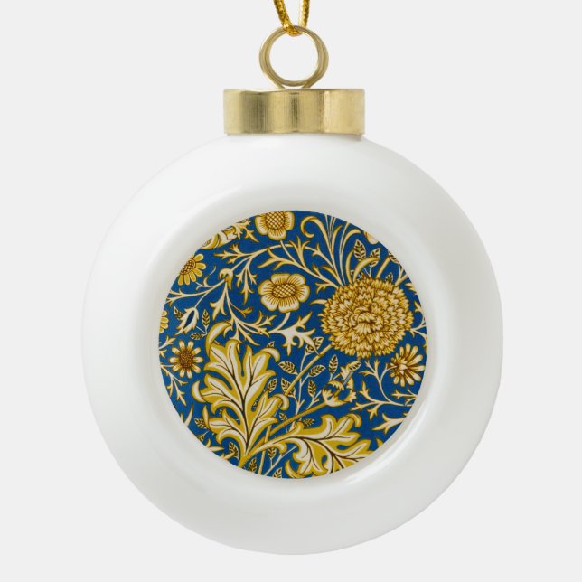 Vintage William Morris Cherwell Blue Floral Art Ceramic Ball Christmas Ornament (Front)