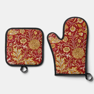 Vintage William Morris Cherwell Red Floral Art Oven Mitt & Pot Holder Set