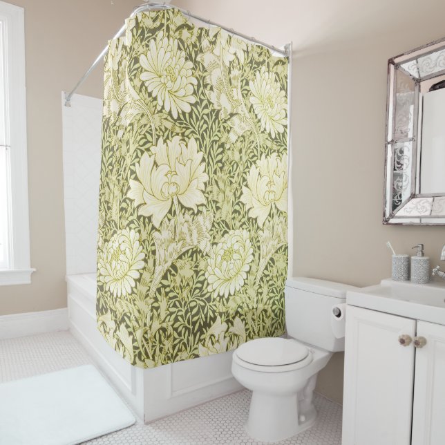Vintage William Morris Chrysanthemum Pattern Shower Curtain (In Situ)