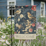 Vintage William Morris Cottage Core Blue Bird Garden Flag<br><div class="desc">Transform your space with the enchanting elegance of this art tapestry-inspired William Morris style garden flag. Featuring serene wild birds surrounded by lush garden blooms. Their peaceful presence evokes a sense of quiet contemplation, while the dark background brings the tranquil foliage and blooms to life. Perfect for lovers of pre-Raphaelite...</div>