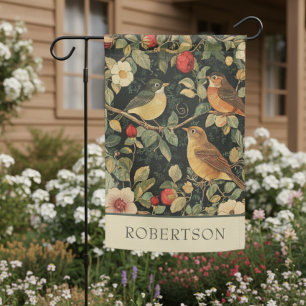 Vintage William Morris Cottage Floral Birds Name Garden Flag
