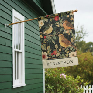 Vintage William Morris Cottage Floral Birds Name House Flag