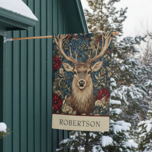 Vintage William Morris Cottage Winter Deer Name House Flag