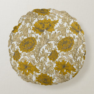 Vintage William Morris Earth Tone Floral Pattern Round Pillow