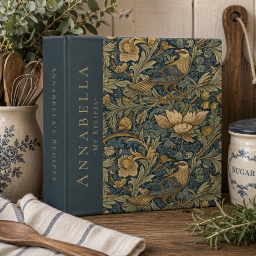 Vintage William Morris Floral Bird Monogram Recipe 3 Ring Binder
