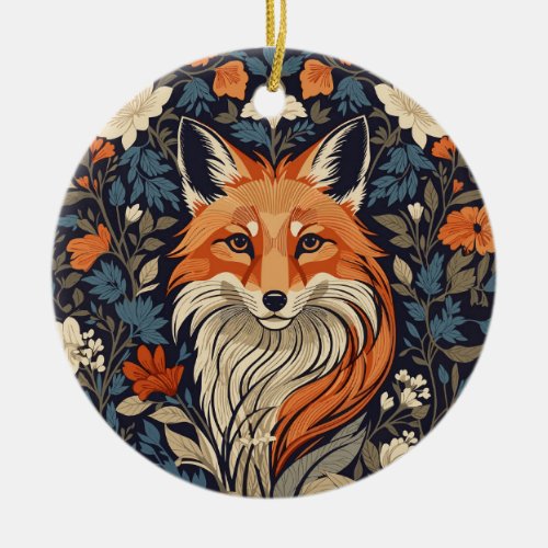 Vintage William Morris Inspired Floral Red Fox Ceramic Ornament