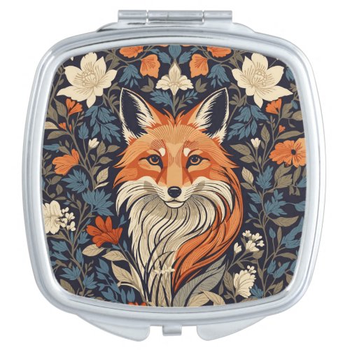 Vintage William Morris Inspired Floral Red Fox Compact Mirror