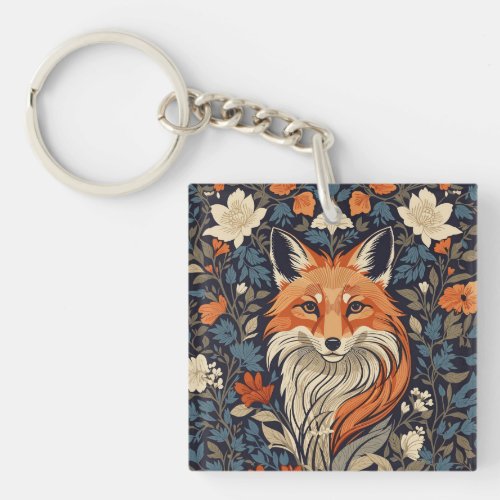 Vintage William Morris Inspired Floral Red Fox Keychain