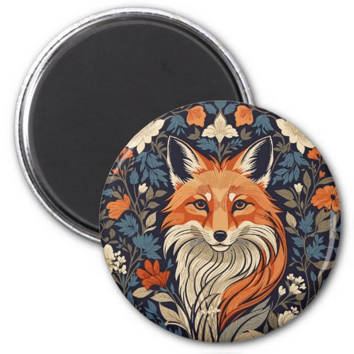 Vintage William Morris Inspired Floral Red Fox Magnet