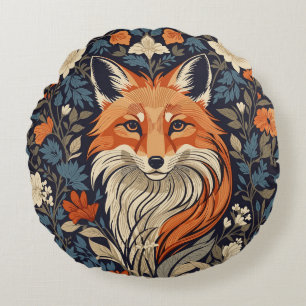 Vintage William Morris Inspired Floral Red Fox  Round Pillow