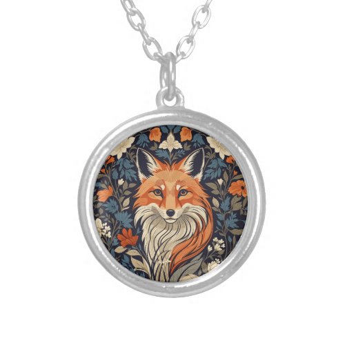 Vintage William Morris Inspired Floral Red Fox Silver Plated Necklace