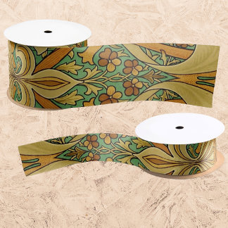 Vintage William Morris Orange Yellow Green Satin Ribbon