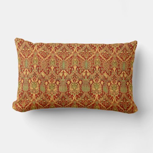Vintage William Morris Pattern Red Turquoise Gold Lumbar Pillow
