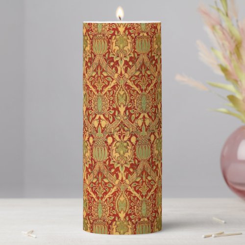 Vintage William Morris Pattern Red Turquoise Gold Pillar Candle