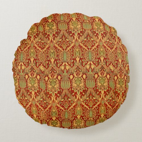 Vintage William Morris Pattern Red Turquoise Gold Round Pillow