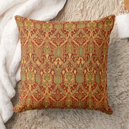 Vintage William Morris Pattern Red Turquoise Gold Throw Pillow