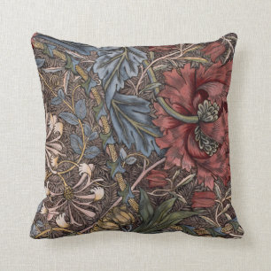 Vintage William Morris Red Flower Acanthus Foliage Throw Pillow
