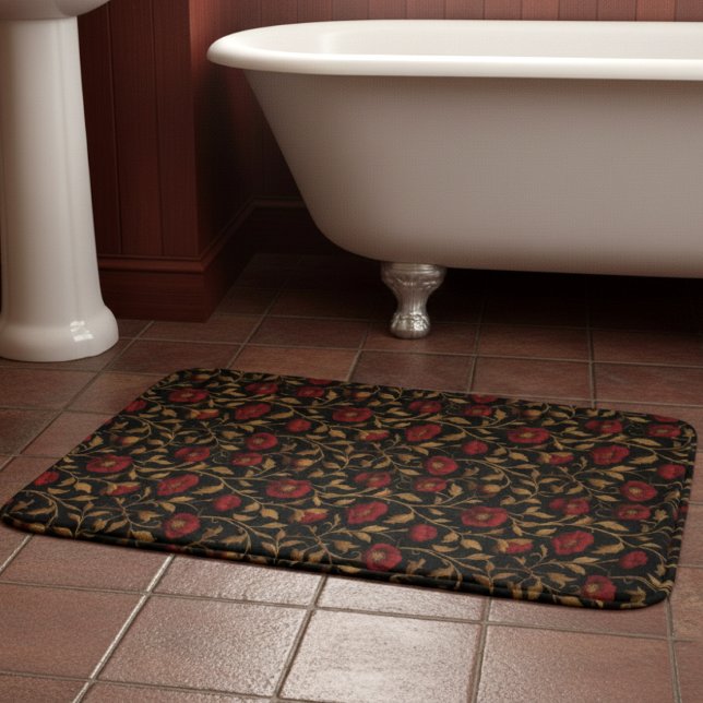 Vintage William Morris Red Gold Poppy Floral Bath Mat (Creator Uploaded)