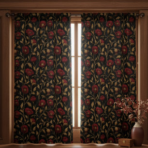 Vintage William Morris Red Gold Poppy Floral Blackout Curtains