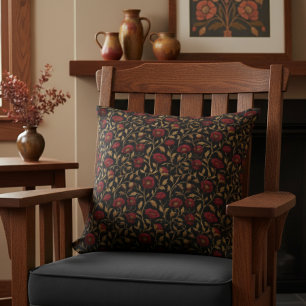 Vintage William Morris Red Gold Poppy Floral Throw Pillow