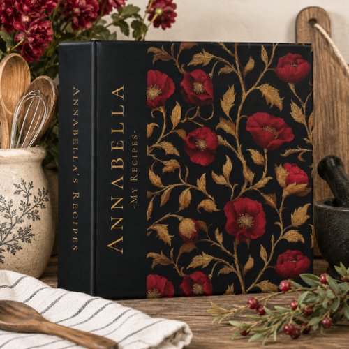 Vintage William Morris Red Poppy Monogram Recipe 3 Ring Binder