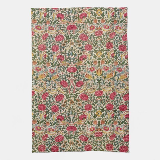 Vintage William Morris Rose Pink Yellow Bird Flor Kitchen Towel (Vertical)