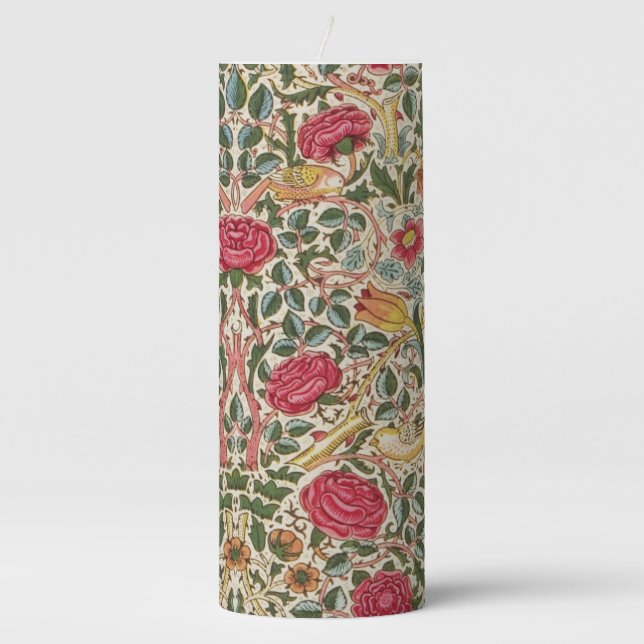 Vintage William Morris Rose Pink Yellow Bird Flor Pillar Candle (Front)