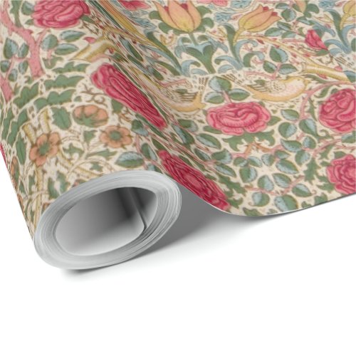 Vintage William Morris Rose Pink Yellow Bird Flor Wrapping Paper