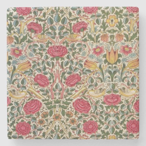 Vintage William Morris Rose Pink Yellow Bird Flora Stone Coaster