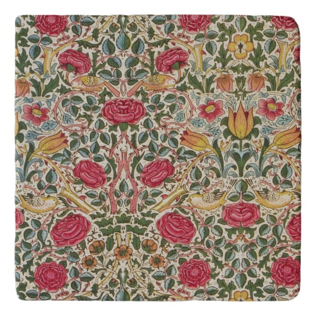 Vintage William Morris Rose Pink Yellow Bird Flora Trivet (Front)