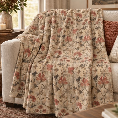 Vintage William Morris Rust Watercolor Floral Fleece Blanket