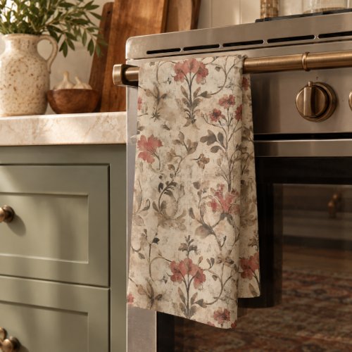Vintage William Morris Rust Watercolor Floral Kitchen Towel