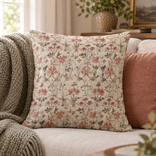 Vintage William Morris Rust Watercolor Floral Throw Pillow