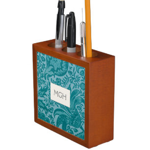 Vintage William Morris Teal Botanical Monogram Desk Organizer