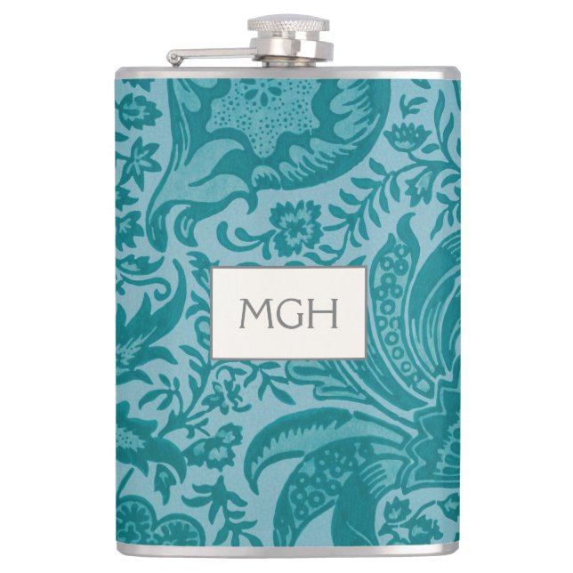 Vintage William Morris Teal Botanical Monogram Flask (Front)