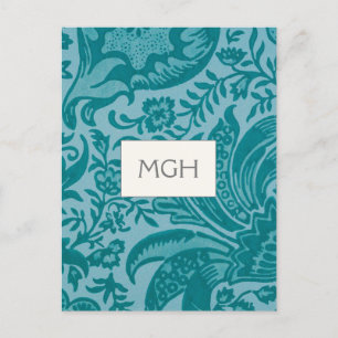 Vintage William Morris Teal Botanical Monogram Postcard