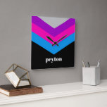 Vintage Windbreaker Color Block Darts Custom Name Square Wall Clock<br><div class="desc">A bold, graphic design with colorful shades of black, purple, pink and blue -- with a fun color block to add your name or any text. The stripe pattern is a trendy throwback to windbreakers from the 80s and 90s with punches of color. You can add a name, monogram or...</div>