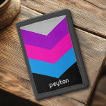 Vintage Windbreaker Color Block Darts Custom Name Trifold Wallet<br><div class="desc">A bold, graphic design with colorful shades of black, purple, pink and blue -- with a fun color block to add your name or any text. The stripe pattern is a trendy throwback to windbreakers from the 80s and 90s with punches of color. You can add a name, monogram or...</div>