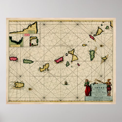 Vintage Windward and Leeward Islands Map 1684 Poster