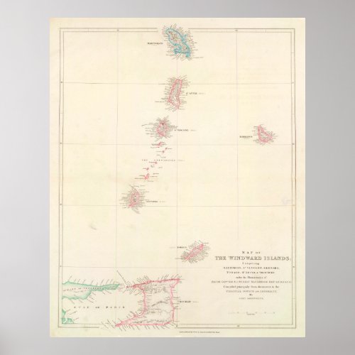 Vintage Windward Islands of The Caribbean Map Poster