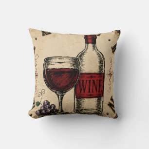 Vintage Wine Bottle and Glass Rustic Vineyard  Throw Pillow