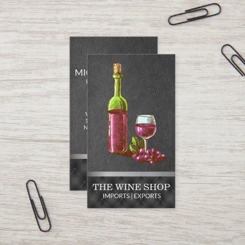 Vintage Wine Bottle and Glass Sketch  Leather Business Card