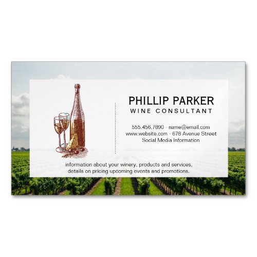 Vintage Wine Bottle and Glasses  Vineyard  Business Card Magnet