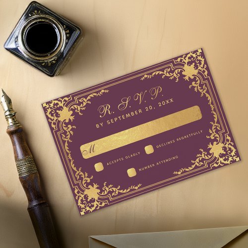 Vintage Wine Color Faux Gold Foil Elegant Wedding  RSVP Card