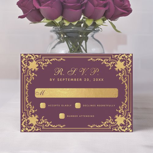 Vintage Wine Color Faux Gold Foil Elegant Wedding  RSVP Card